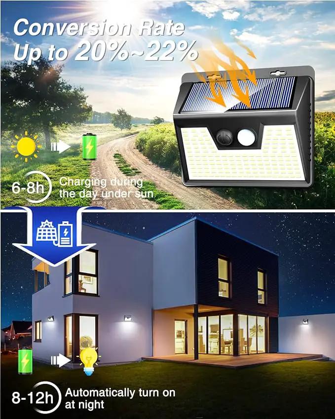 Peasur Solar Lights Outdoor Waterproof, 4 Pack 140LED Motion Sensor Light, 3 Modes Solar Powered Fence Security Lights for Patio Step Deck House Outside(Cool White) by GreenHaven Gardens