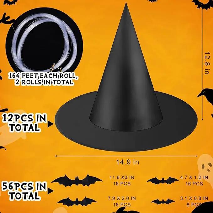 80 Pcs Halloween Hanging Witch Hats and Taper Floating Candles Set Includes 12 Witch Hats 12 LED Floating Candles Lights 56 3D Bats Wall Stickers for Halloween Decoration Front Porch Yard Decor by GreenHaven Gardens