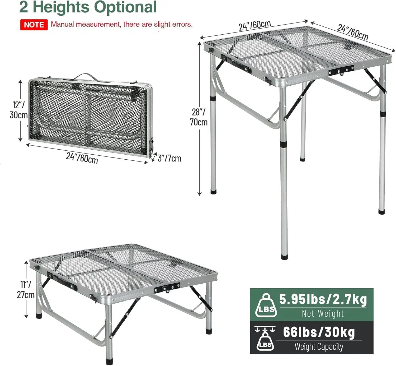 RedSwing Portable Grill Table for Outside, Aluminum Folding Grill Stand Table for Outdoor Camping Picnic BBQ, Lightweight Adjustable Height, 24"x24"x9.8"/27" Sliver by GreenHaven Gardens