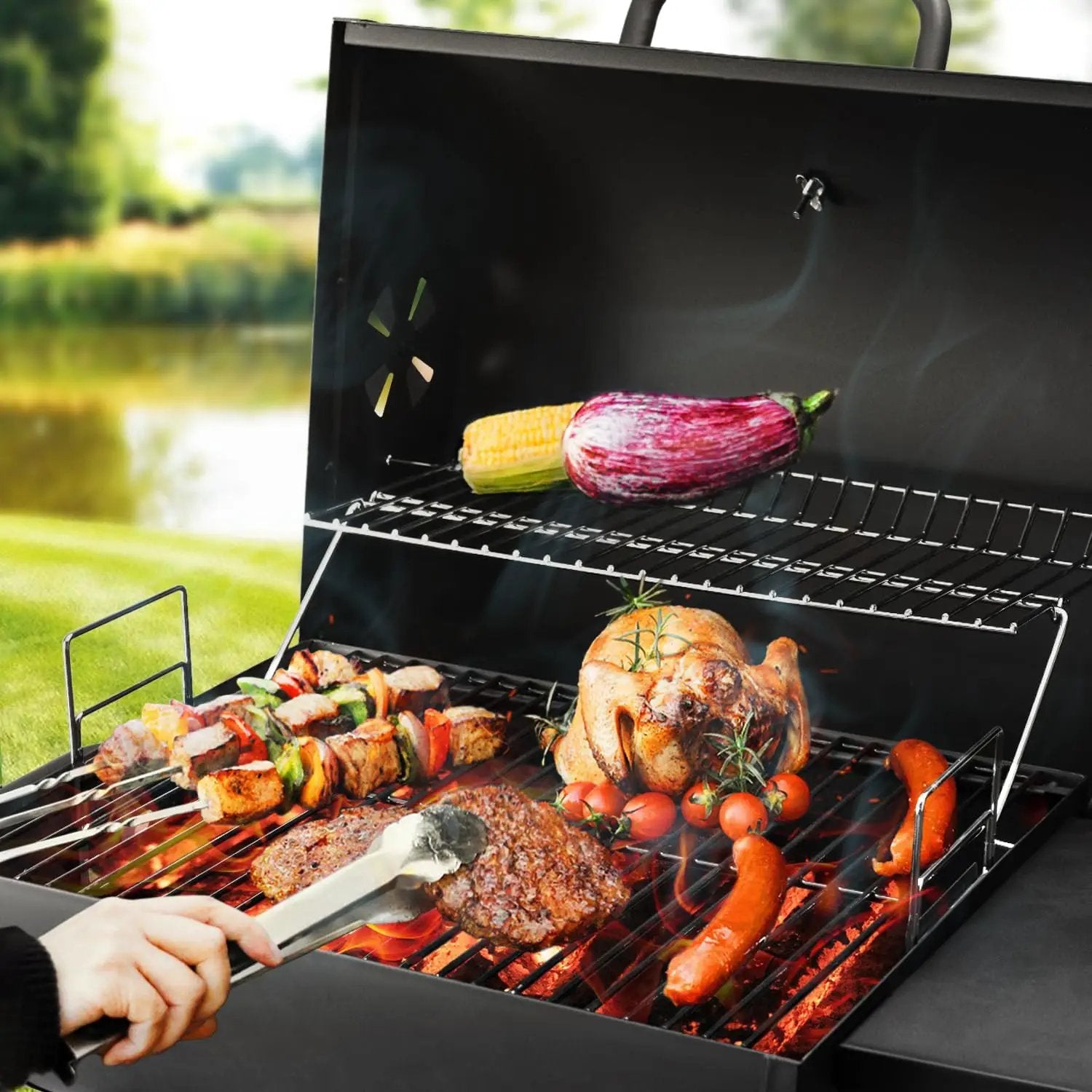 Charcoal Grill Outdoor BBQ Grill, Barrel Charcoal Grills with Side Table, with Nearly 500 Sq.In. Cooking Grid Area, Outdoor Backyard Camping Picnics, Patio and Parties, Black by GreenHaven Gardens