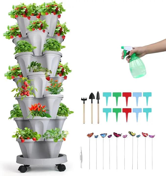 Vertical Planter, 7 Tier Stackable Strawberry Planter with Garden Tool Set, Movable Indoor/Outdoor Garden Herb Pot for Growing Vegetables and Succulents, Gray by GreenHaven Gardens