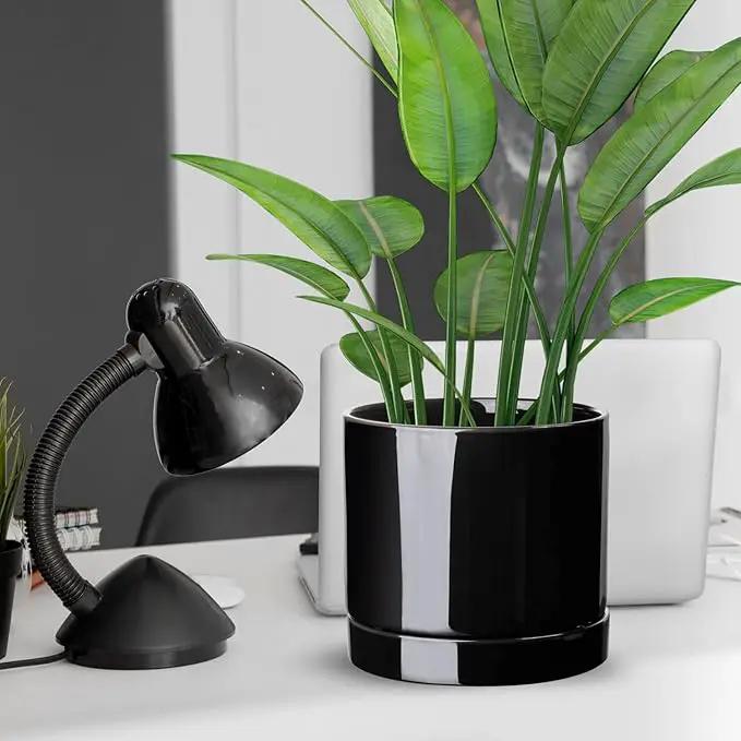 Aveyas 10 inch Ceramic Plant Pot with Drainage Hole and Saucer - Suitable for Indoor and Outdoor Use, Modern Planters for House Garden Flower Tree Snake Monstera Plants (10", Glossy Black) by GreenHaven Gardens