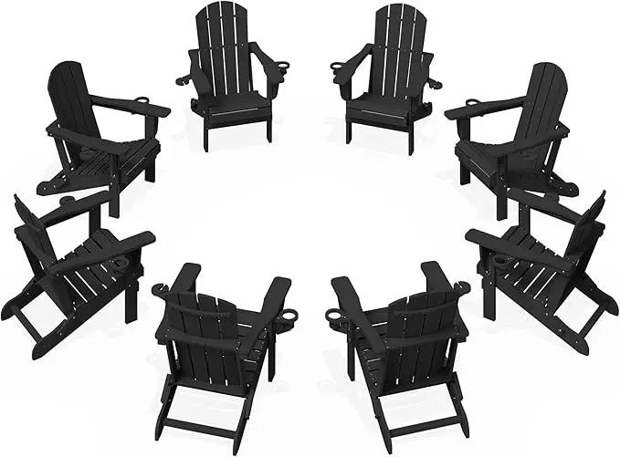 KINGYES Folding Adirondack Chair Set of 8, Dual Cup Holders & All-Weather HDPE, Wood-Like Patio Chair for Backyard, Camping, Pool & Fire Pit, Black by GreenHaven Gardens