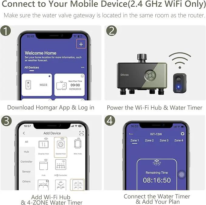 Diivoo WiFi Water Timer 4 Outlets, Smart Sprinkler/Hose/Tap Timer Compatible with Alexa & 24 Irrigation Plans & Rain Delay, Garden Watering Systems Controller with 2 Watering Modes for Lawn Yard by GreenHaven Gardens