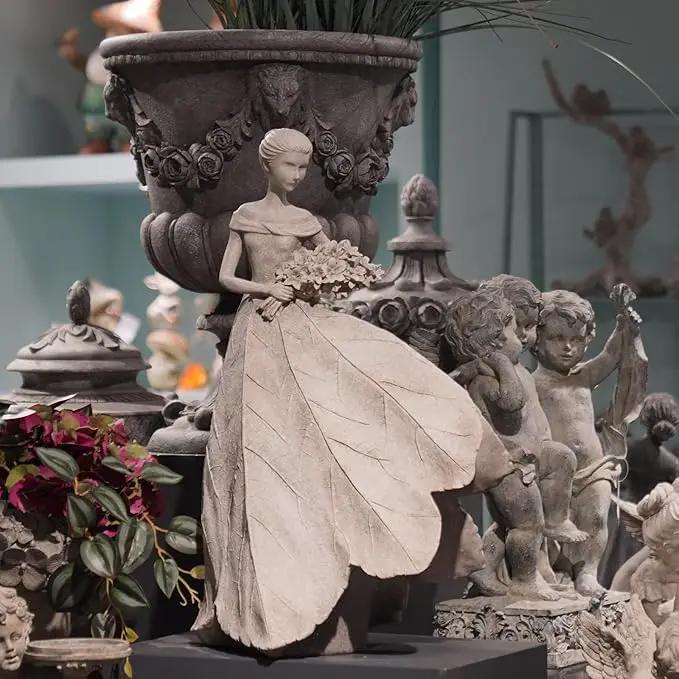Guichifun Fairy Statue Collection Home Decoration - Grey Leaf Angel Girls Resin Home Decor for Outside or Inside Rustic Garden Outdoor Yard Decorations Figurines Gift 14.25 x 9 x 20.25 Inch by GreenHaven Gardens