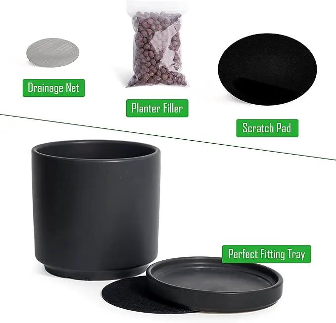 D'vine Dev 4.6 Inch & 6 Inch Ceramic Planter Pots for Plants with Drainage Hole and Saucer, Small Plant Pots Set, Black, 94-G-S-2 by GreenHaven Gardens