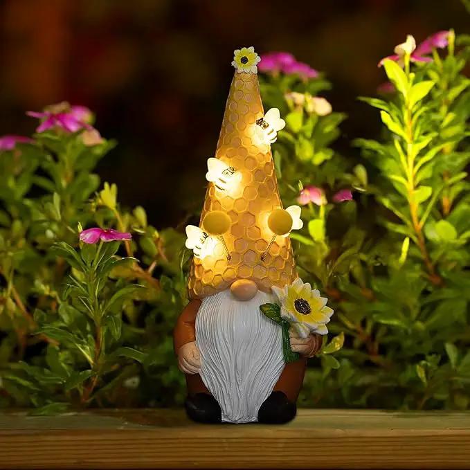 pearlstar Garden Gnome Statues Bee Solar Light 10.2" Tall Large Resin Figurine Outdoor Funny Home Yard Patio Decoration Fall Thanksgiving by GreenHaven Gardens