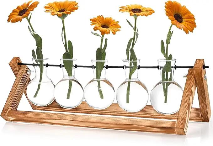 Retro Wood Stand Plant Terrarium with 5 Air Planter Bulb Glass Vases, Perfect for Home, Office, or Wedding Decor. Great Desktop Propagation Station and Plant Lover Gift for Women (5 Bulb Vase) by GreenHaven Gardens