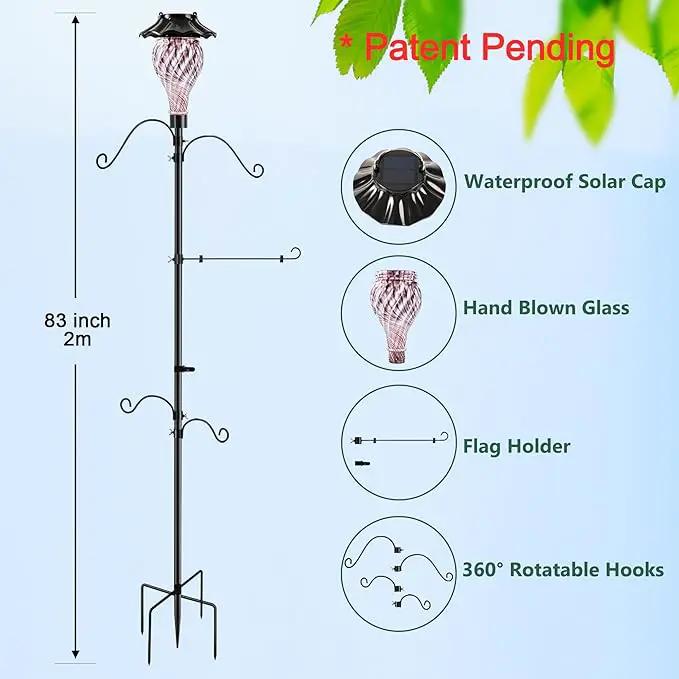 Solar Shepherds Hooks with Hand Blown Glass Lamp, Decorative RGB Lights, 4 Hooks & 1 Flag Holder, Heavy Duty Stand for Hanging Hummingbird Feeder, Bird Feeder, Plant, Landscape Light (Purple) by GreenHaven Gardens