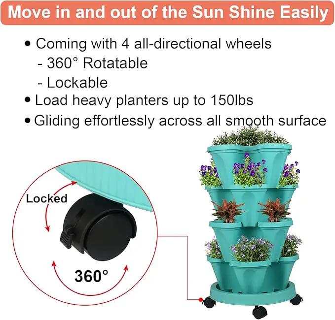 Vertical Planter 4 Tier Stackable Planters Garden Planters Strawberry Herb Flower and Vegetable Planter Indoor Outdoor Gardening Pots with Removable Wheels and Tools by GreenHaven Gardens