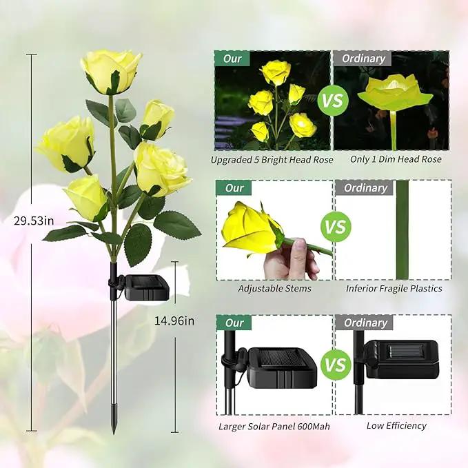 Solar Garden Lights, Solar Outdoor Lights with More Realistic 10 Rose Waterproof Solar Powered Flowers Lights for Outside Patio Yard Pathway Decorations, 2 Pack Yellow by GreenHaven Gardens