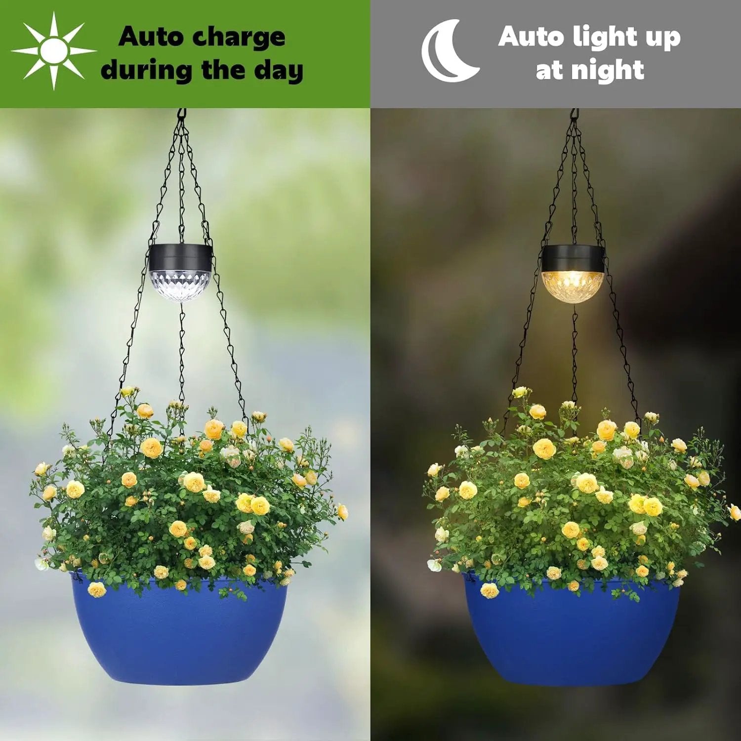 2 Packs Solar Hanging Basket Planters for Plants Outdoor, Self Watering Blue Flower Plants Pots with Solar Light Drainer for Balcony Patio Garden Outdoor Decoration by GreenHaven Gardens