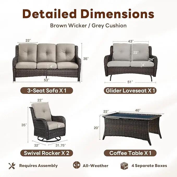 5 Piece Outdoor Patio Furniture Set - Outdoor Conversation Couch and Loveseat Glider Chair Furniture Set with Rattan Coffee Table for Deck Balcony Poolside Brown Wicker/Grey Cushions by GreenHaven Gardens