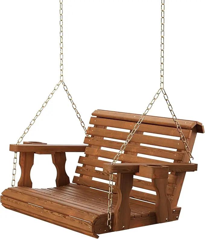Amish Casual 3 Foot Roll Back Porch Swing with Cup Holders in Oak Stain - Amish Made in The USA from Treated Pine Heavy Duty 700 Lb. Weight Capacity by GreenHaven Gardens