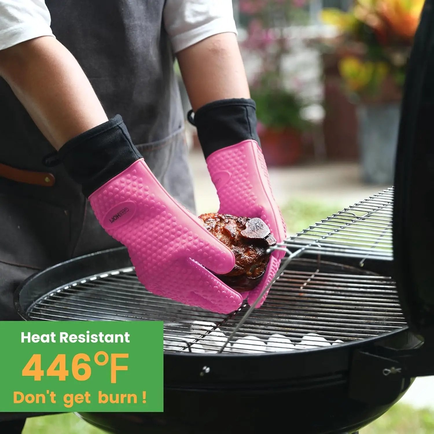 GEEKHOM BBQ Gloves Heat Resistant Oven Mitts - Silicone Grilling Gloves with 13.7" Arm Protection - Waterproof Pot Holder Non-Slip for Men & Women, Kitchen Outdoor Cooking, Baking, Camping, Pink by GreenHaven Gardens