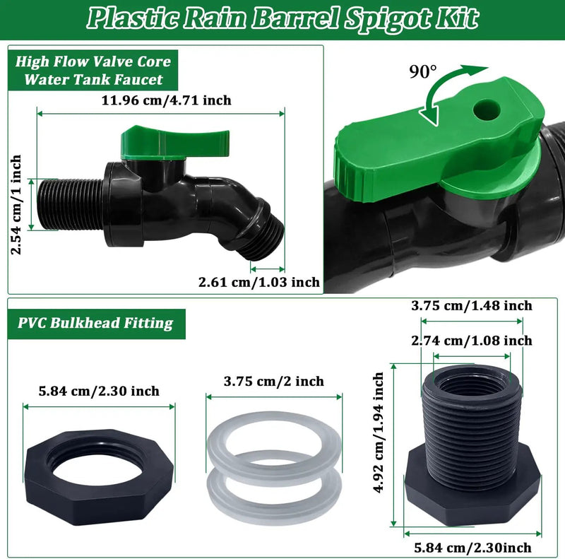 Plastics Rain Barrel Spigot Kit, High Flow Valve Core Water Tank Faucet+PVC Bulkhead Fitting,3/4 NPT to 3/4 GHT Rain Barrel Spigot for Plastic Bucket rainwater Drum Container Downspout Collector in by GreenHaven Gardens