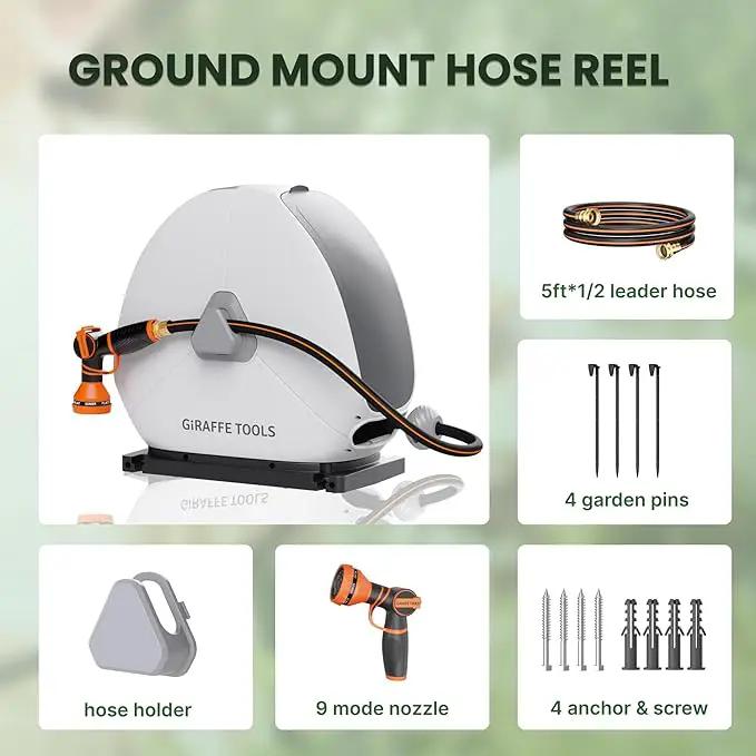 Giraffe Tools Ground Mounted Retractable Hose Reel 1/2 Inch x 82FT, Heavy Duty Automatic Rewind Garden Hose Reel, with Flexible Swivel Base for Lawn, Concrete Floor by GreenHaven Gardens