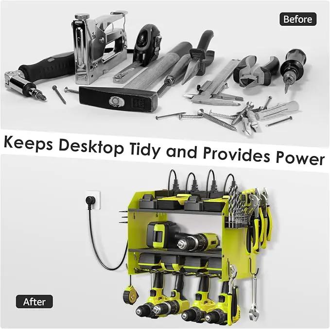 CCCEI Modular Power Tool Organizer Wall Mount with Charging Station. Garage 4 Drill Storage Shelf with Hooks, Screwdriver, Drill Bit Heavy Duty Rack, Tool Battery Holder Built in 8 Outlet Power Strip. by GreenHaven Gardens