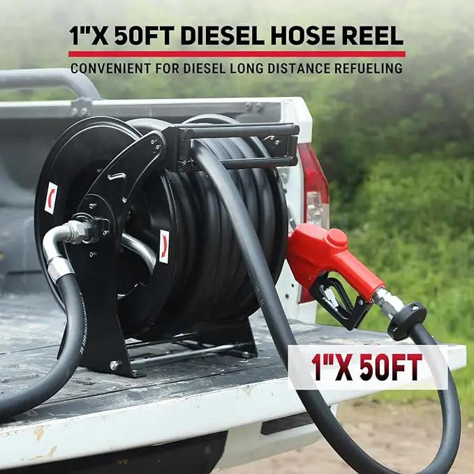 Retractable Fuel Hose Reel with Refueling Nozzle 1" x 50ft Spring Driven Diesel Hose Reel 300 PSI Industrial Auto Swivel Heavy Duty Steel Construction Reel for Ship Vehicle Tank Truck, Black by GreenHaven Gardens