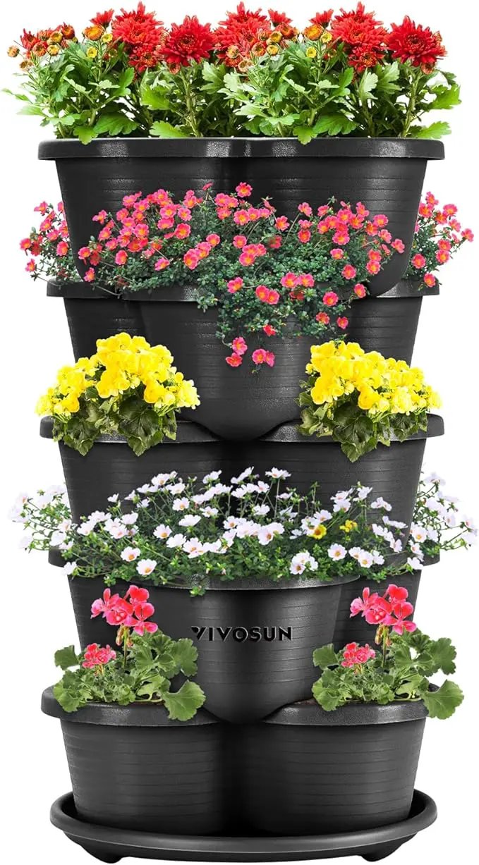 VIVOSUN 5 Tier Vertical Gardening Stackable Planter for Strawberries, Flowers, Herbs, Vegetables, Black by GreenHaven Gardens