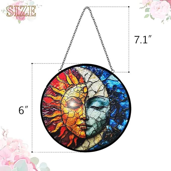 Sun and Moon Decor Suncatcher Stained Glass Window Hanging - Wall Art Stained Glass Suncatchers for Windows Hanging - Home Sun Catchers Indoor Window with Chain - Celestial Decor Gifts for Women Mom by GreenHaven Gardens