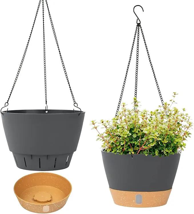 QCQHDU 2 Pack 8 inch Hanging Planters for Indoor Plants, Outdoor Hanging Baskets, Self Watering Pots with Drainage Holes & Removable Tray (Dark Grey, 8 inch) by GreenHaven Gardens