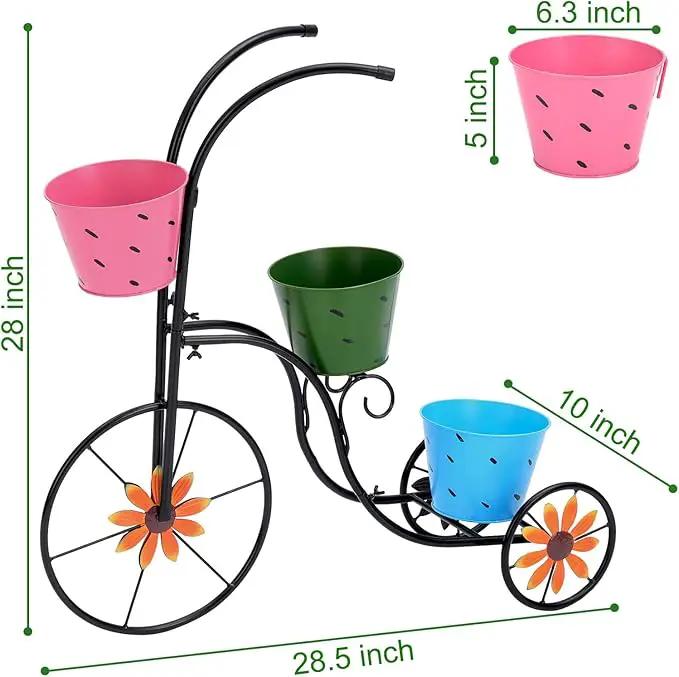 BAYN Bicycle Planter Stand, Metal Flower Pot Cart Holder with 3 Plant Bucket Outdoor Decorative for Patio, Deck, Garden or Lawn by GreenHaven Gardens