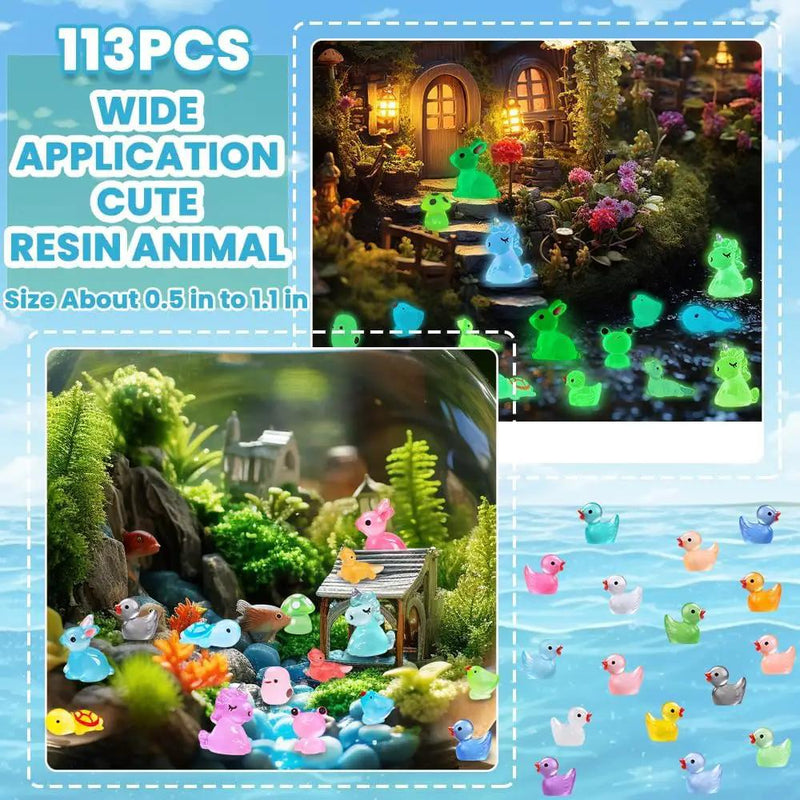 113pcs Luminous Mini Resin Animals, Glow in The Dark Miniature Resin Animal Figures Tiny Small Little Ducks Turtle Bulk for Dollhouse Micro Landscape Aquarium Fairy Garden DIY Decorations by GreenHaven Gardens