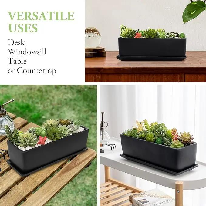 MyGift 14 Inch Matte Black Ceramic Indoor Plant Pot Succulent Planter, Decorative Flower Planter with Drainage Hole and Removable Tray by GreenHaven Gardens
