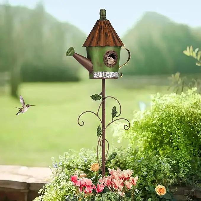 BAYN 57” Bird Houses Stake for Outside, Metal Watering Can Birdhouse Garden Stake Wild Bird Feeder Pole with Welcome Sign Outdoor Decorations for Patio, Backyard, Garden by GreenHaven Gardens