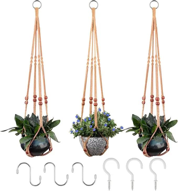 RIFNY Macrame Plant Hanger for 5 to 10 Inch Plant Pots, 35 Inch Woven Rope Hanger Kits with Hooks and Wood Beads, Hanging Planter Basket for Indoor Boho Home Decor (Brown, 3 Pack) by GreenHaven Gardens