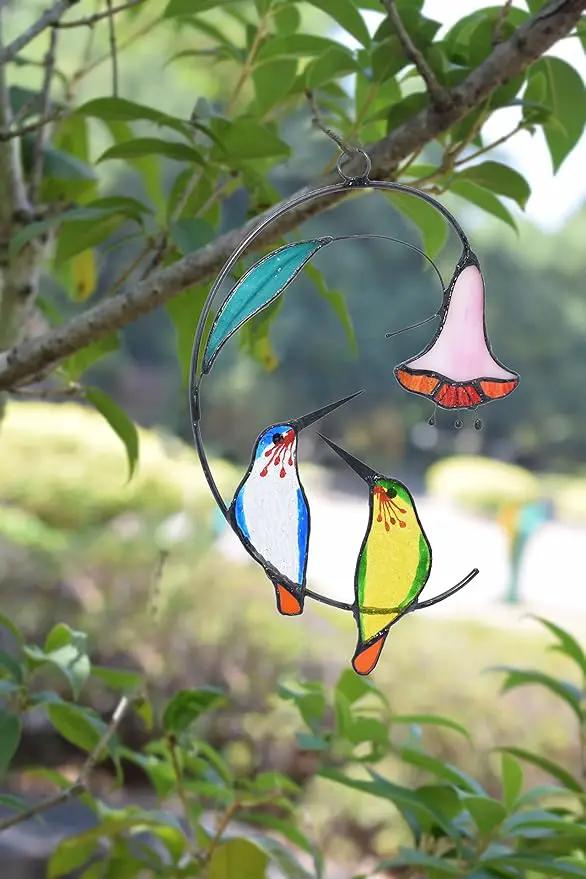 Lolitarcrafts Hummingbird with Flower Stained Glass Suncatcher Bird Stained Glass Window Hangings Hummingbird Gift for Home Decor (Green and Blue) by GreenHaven Gardens