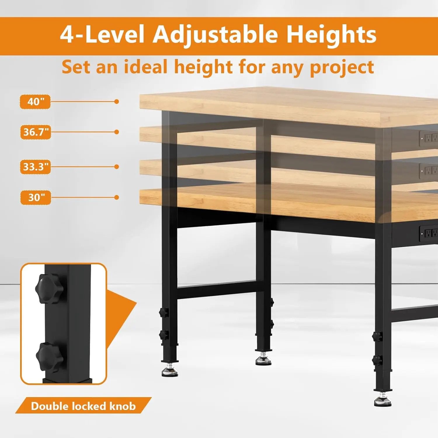 48" Work Bench, Adjustable Height Workbench with Rubber Pad, Heavy-Duty Work Table with Power Outlets, 2000 LBS Capacity Workstation for Garage, Workshop, Office, Home by GreenHaven Gardens