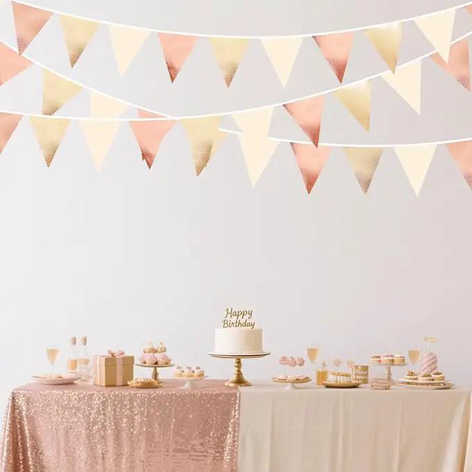 Rose Gold Champagne Gold Beige Party Decorations Metallic Fabric Triangle Flag Pennant Banner Garland Bunting for Engagement Bridal Shower Wedding Birthday Baby Shower Graduation Decoration Supplies by GreenHaven Gardens