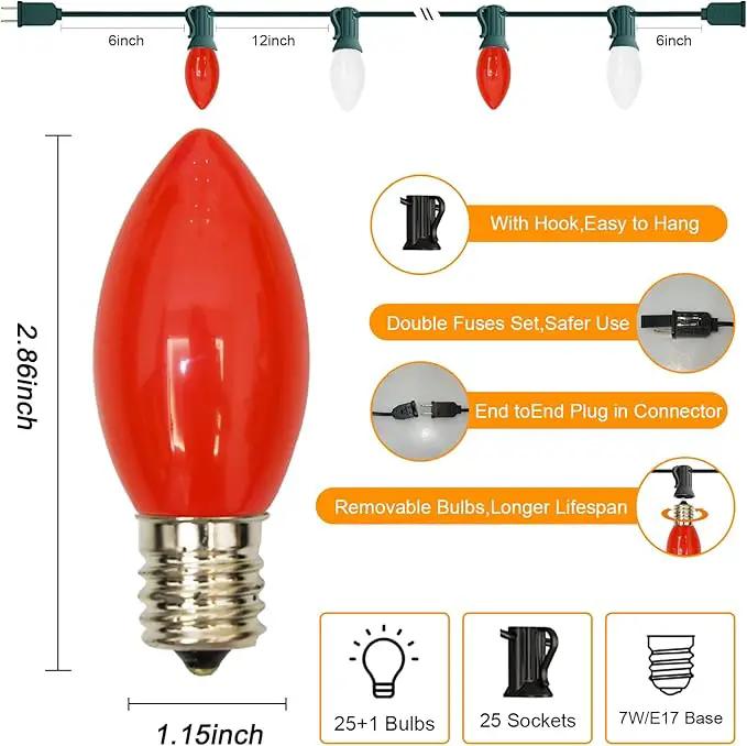 25FT C9 Christmas Lights Outdoor,Red and White C9 Christmas Lights with 26 Ceramic Bulbs(1 Spare), Connectable Incandescent Christmas Lights for Indoor Outdoor Party Home Decor,Green Wire by GreenHaven Gardens