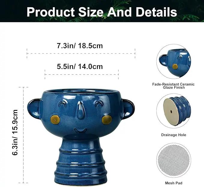 Face Planter Pot Head 7 Inch - Cute Ceramic Head Planter for Indoor Outdoor Plants Unique Flower Pot with Drainage Hole Gift Ideas for Christmas Blue by GreenHaven Gardens