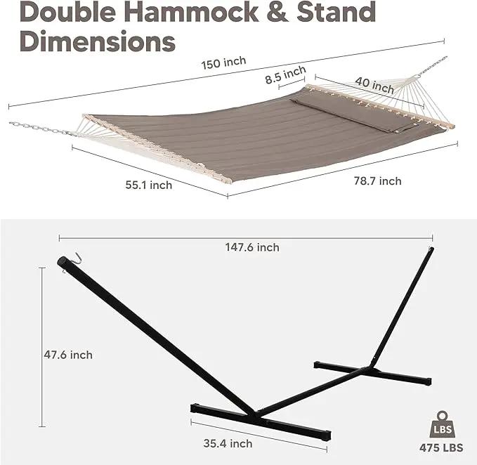 SUNCREAT 55 Inch Extra Large Double Hammock with 12 ft Stand, 475lbs Capacity, Outdoor Portable Hammock with Hardwood Spreader Bar, Extra Large Pillow, Brown by GreenHaven Gardens