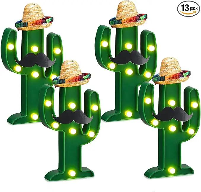 12 Pcs Cinco de Mayo LED Cactus Light with Mini Sombrero Straw Hats and Fake Beard Cinco De Mayo Table Decor Mexican Party Supplies for Table Room Bedroom Party Decoration (4.72 x 2.76 Inch) by GreenHaven Gardens