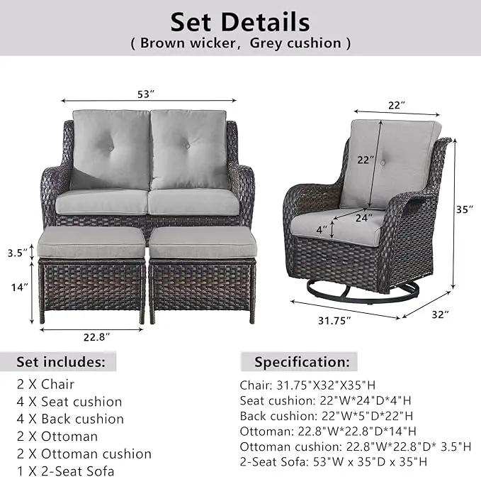 5 Piece Outdoor Patio Furniture Set - Wicker Furniture Patio Conversation Set, Outdoor Swivel Rocker Chairs with Loveseat Sofa and 2 Ottomans for Small Space, Gray Cushion by GreenHaven Gardens
