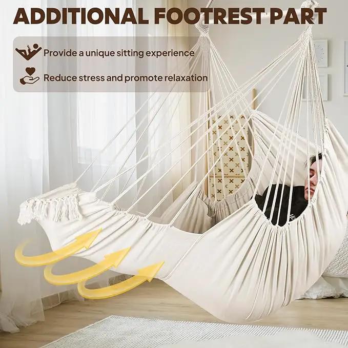 Chihee Hammock Chair Hanging Chair with Foot Rest 2 Cushions Max 500lbs Robust Metal Spreader Bar Collapsible Easy Storage Soft Cotton Swing Chair Strong Strap Iron Carabiner Side Pocket Included by GreenHaven Gardens