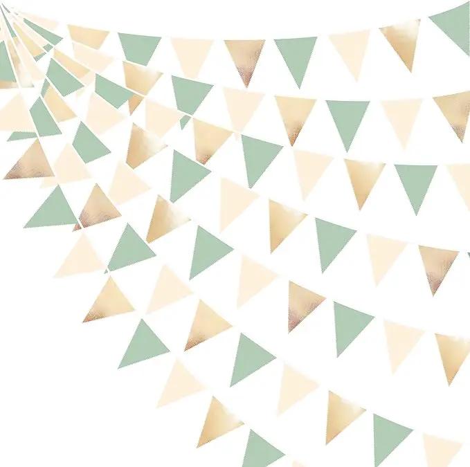 Sage Green Beige Champagne Gold Party Decorations Metallic Fabric Triangle Pennant Banner Bunting Flag Garland for Baby Shower Birthday Wedding Engagement Bridal Shower Graduation Decoration Supplies by GreenHaven Gardens