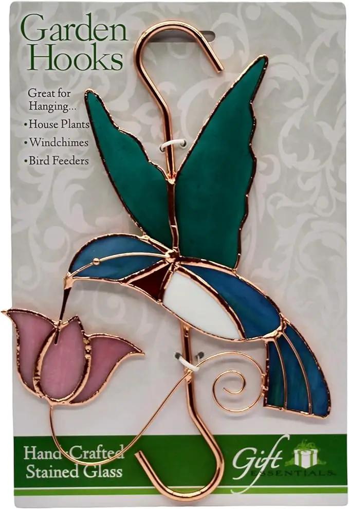 Plant Hanger Hook - Hummingbird with Pink Flower - Stained Glass Sun Catcher Plant Hook for Indoor and Outdoor Use - Copper S Hooks Top and Bottom by GreenHaven Gardens