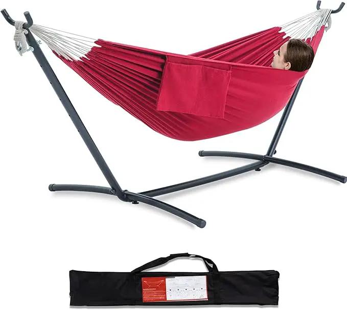 PNAEUT Double Hammocks with Stand for Outside, Portable Space Saving Heavy-Duty Steel Stand for Indoor Outdoor Patio with Carrying Bag, 450 lbs Capacity (Cherry) by GreenHaven Gardens