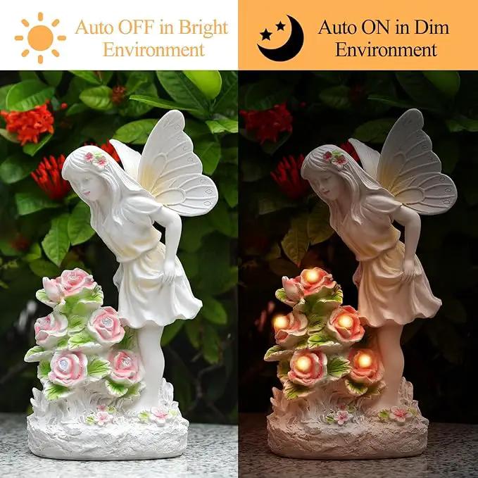 Angel Garden Statue, Guardian Solar Garden Decor with Warm Light, Waterproof Butterfly Angel Figurine with Flowers, Outdoor Garden Decor Sculpture for Lawn Yard Patio Windowsill, White by GreenHaven Gardens