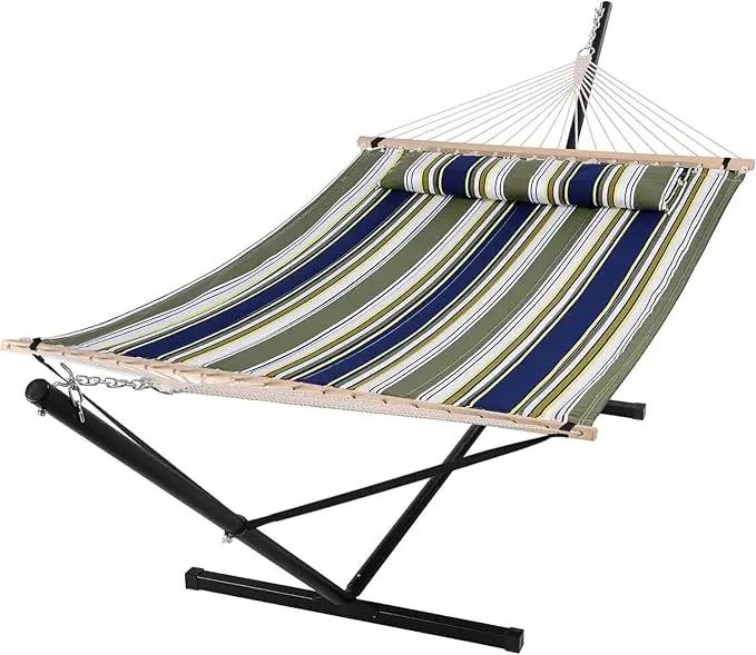 SUNCREAT Double Hammock, Extra Large Quilted Fabric Swing with Hardwood Spreader Bars & Detachable Pillow, Heavy Duty, Perfect for Indoor/Outdoor Patio, Deck, Yard, Blue&Aqua by GreenHaven Gardens