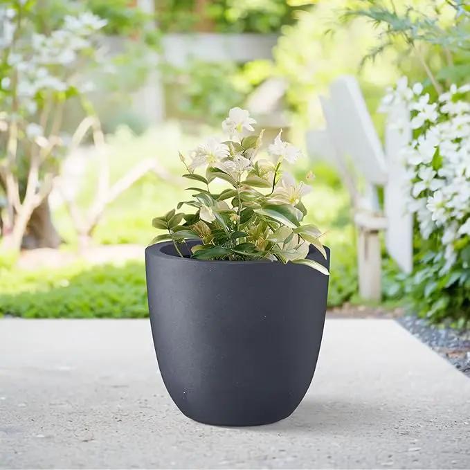 Kante 14 Inch Dia Round Concrete Planter, Indoor Outdoor Large Plant Pot with Drainage Hole and Rubber Plug for Home Patio Garden, Dark Gray by GreenHaven Gardens