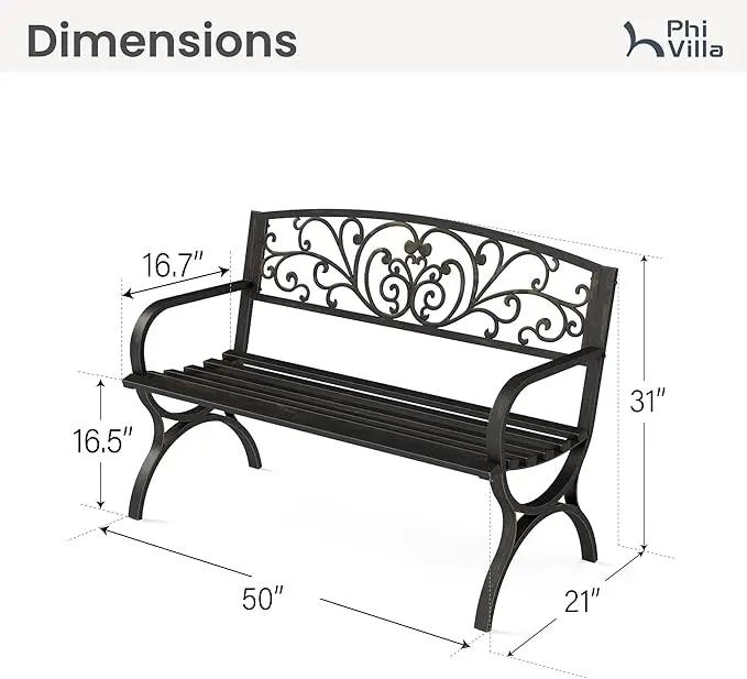 PHI VILLA 50Inch Cast Iron Steel Frame Garden Bench Patio Furniture Chair Outdoor Bench w/Floral Design Backrest, Slatted Seat for Park, Yard & Porch, Bronze by GreenHaven Gardens