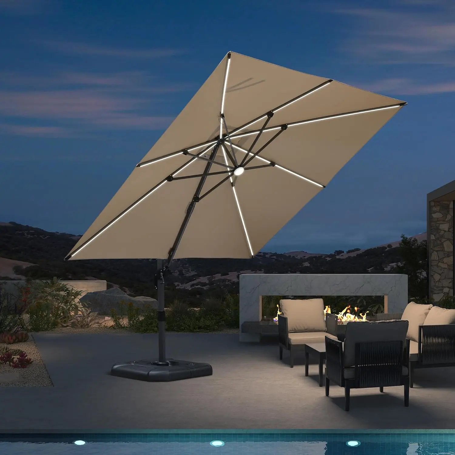 PURPLE LEAF 10 Feet Patio Umbrella Outdoor Cantilever Solar Powered LED Square Umbrella Aluminum Offset Umbrella with 360-degree Rotation for Garden Deck Pool Patio, Beige by GreenHaven Gardens