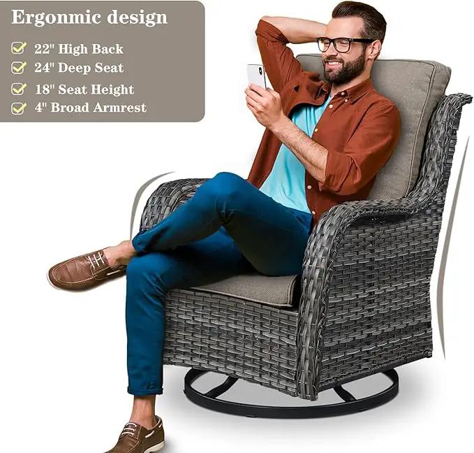 5 Pieces Patio Wicker Furniture Set - 4 Outdoor Swivel Rocker Glider Chairs with Propane Fire Pit Table, Patio Conversation Set Grey Cushion Perfect for Casual Gathering by GreenHaven Gardens