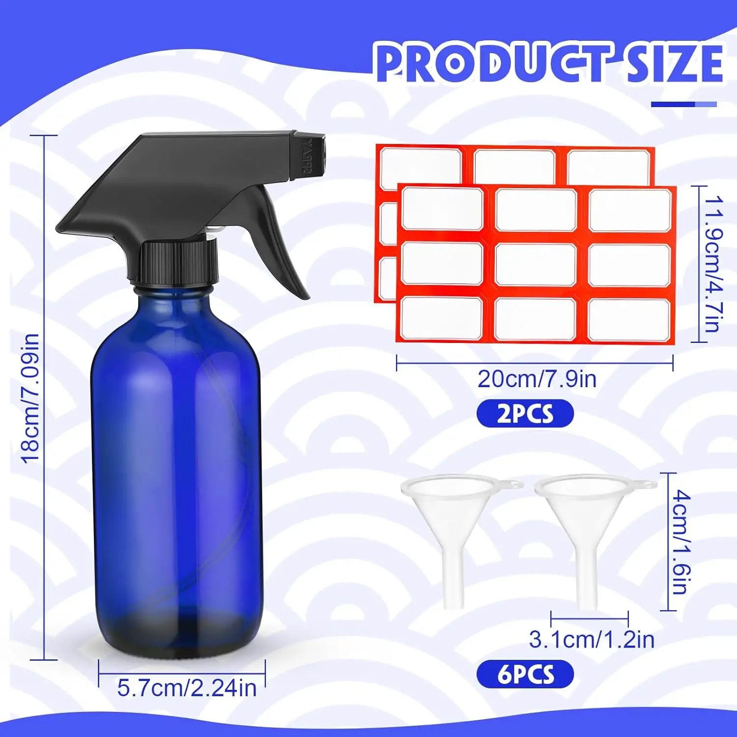 Norme 12 Pcs 8 oz Glass Spray Bottles with Funnels and Labels Refillable Cosmetic Empty Spray Bottles with Sprayer Containers for Essential Oil Cleaning Solutions(Blue,Classic) by GreenHaven Gardens